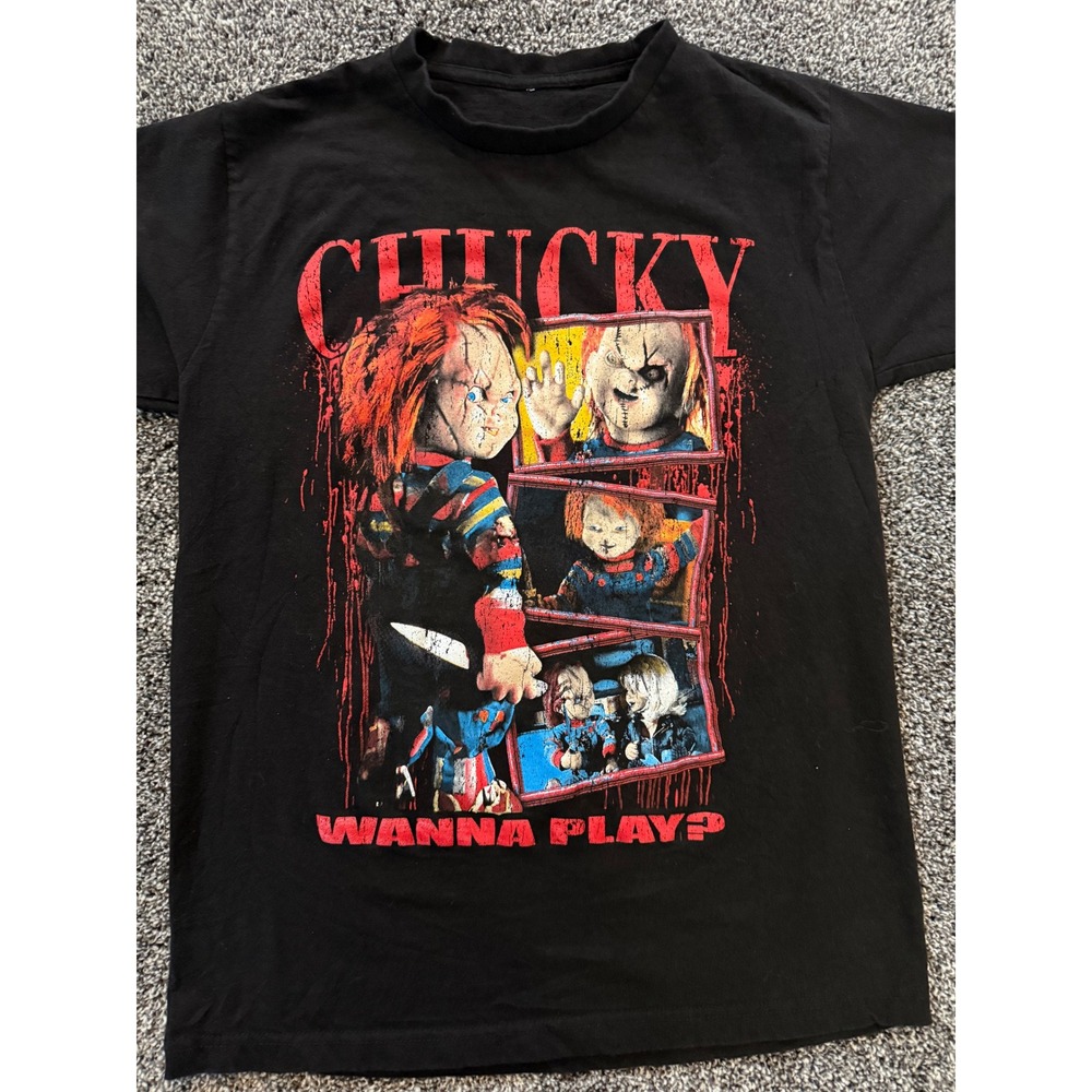Chucky Childs Play Wanna Play Horror Movie Graphic T-Shirt Black Mens Small